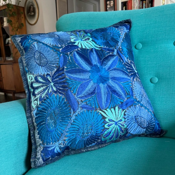 Vintage Blue Silk Embroidered Floral Accent Pillow - Picture 1 of 6